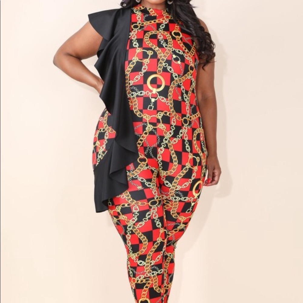 Plus Size Multi Print Red Gold Jumper Bodysuit
